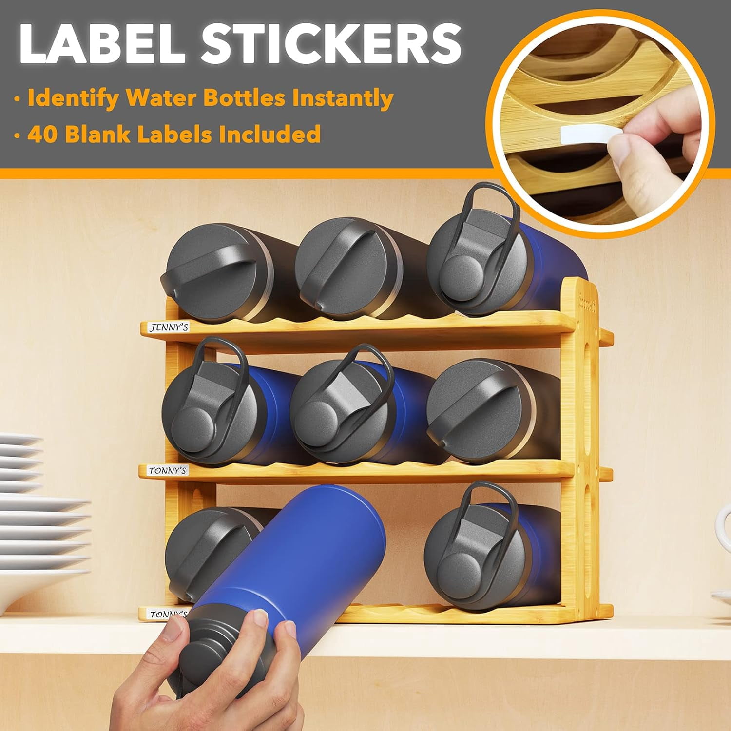 SpaceAid Bamboo Water Bottle Organizer with Labels, 3-Tier Stackable Bottle Holder