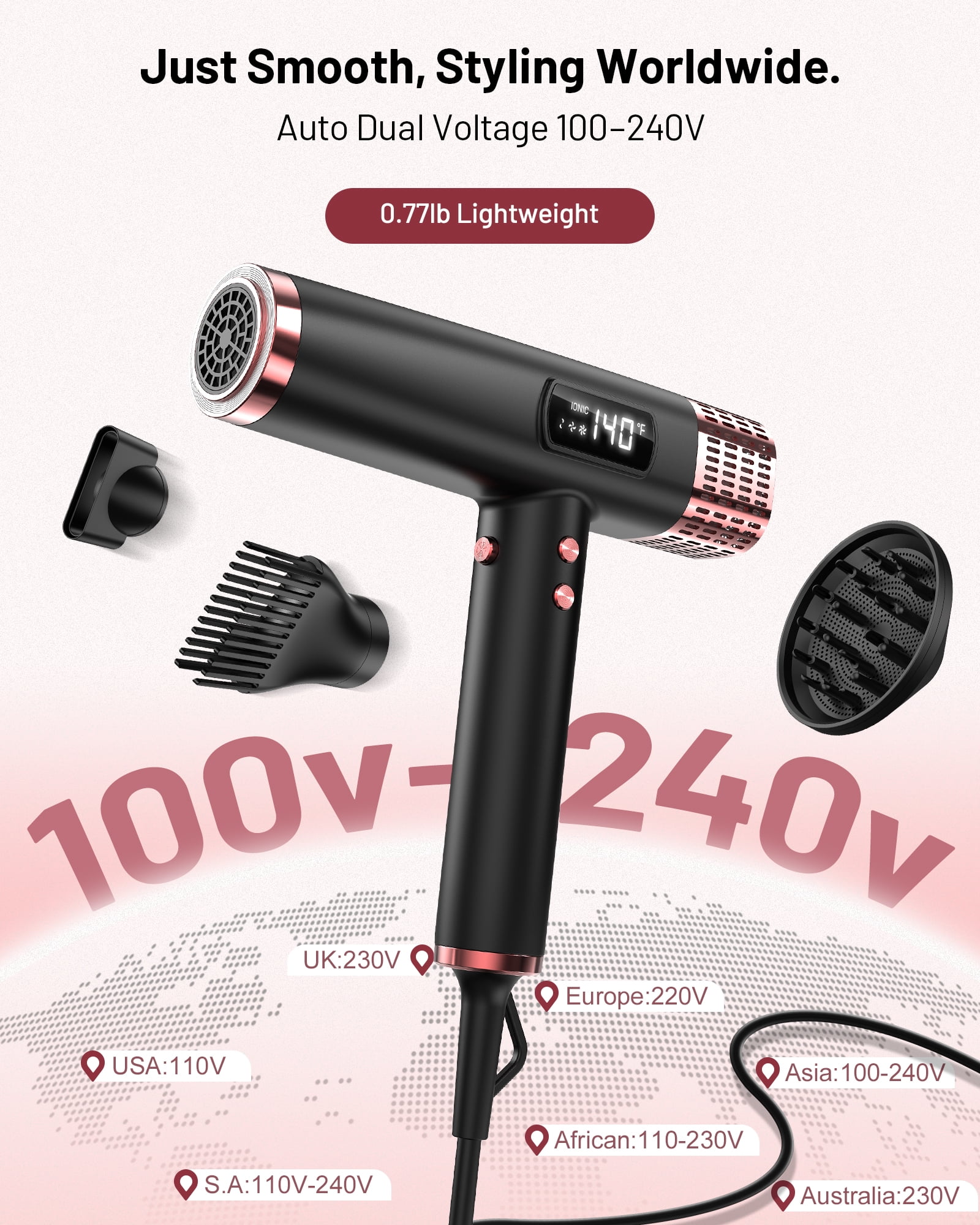 Ionic Hair Dryer with Diffuser, Dual Voltage
