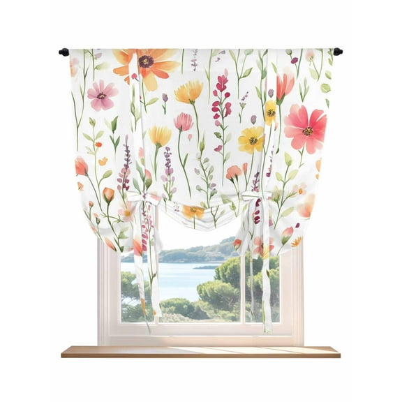 Flower Tie Up Curtains for Windows 54 Inch Length Balloon Curtains Kitchen Adjustable Balloon Window Shade Eucalyptus Plant Garden Red Floral Watercolor Tie Up Valance Bathroom Curtain Window 42"x54"