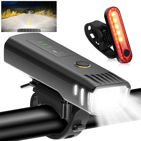 Bike Light Set, Rechargeable 1500mAh Light Sensing Bicycle Headlight Set with 4 Lighting Modes, Bike Front Light and Rear Light Set