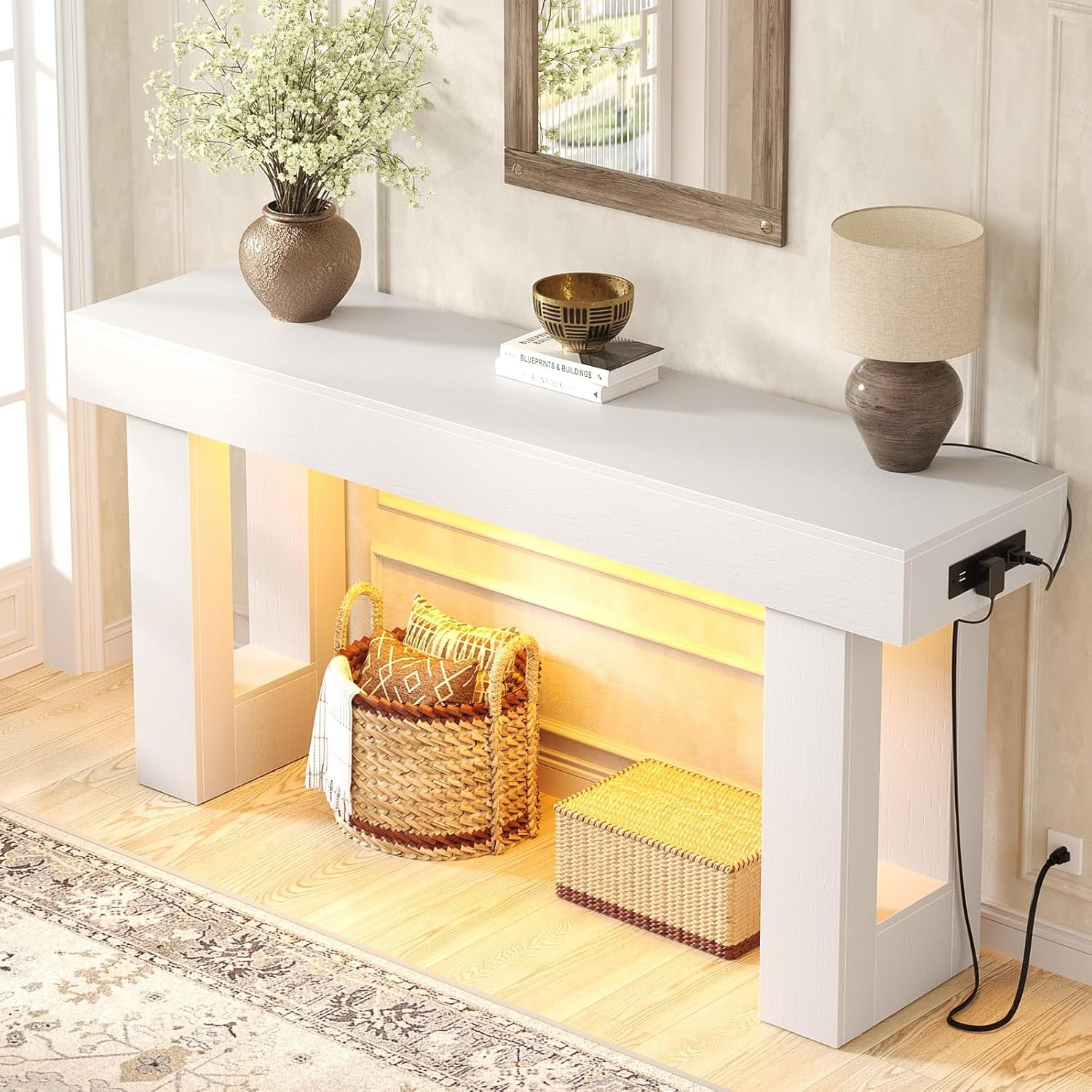 Homieasy 63'' Farmhouse Console Table with Power Outlets and Sensor Light, Wooden Entryway Table Narrow End Table with Storage for Entrance, Hallway, Living Room, Bedroom, White