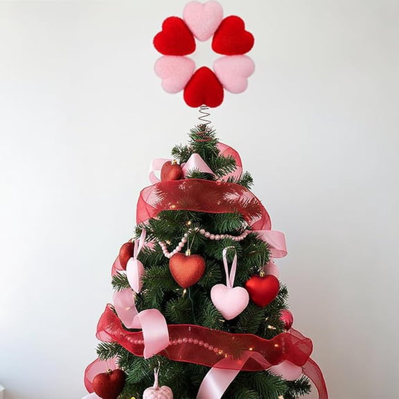 Red Pink Heart Shaped Plush Treetop Ornament Valentine's Day Tree Topper with Glitter Spiral Base for Wedding Party Home Decor Gift, 11.8x7.8in