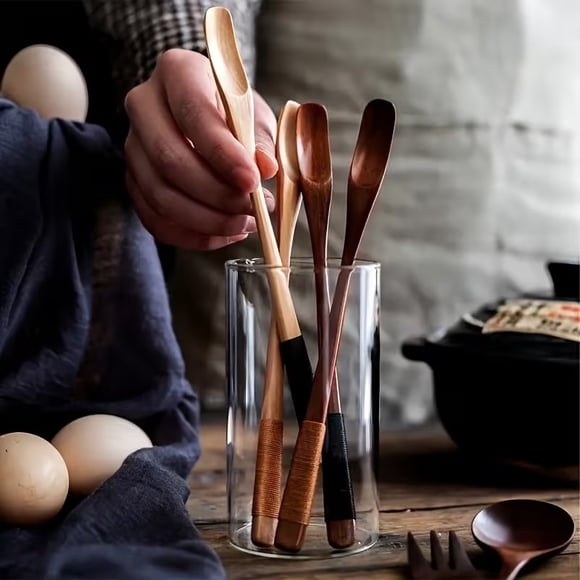 Cuchara de café de madera de 4 piezas, cuchara mezcladora de madera con mango largo, cuchara mezcladora de madera hecha a mano con mango largo, cuchara mezcladora de madera for mezclar en la cocina