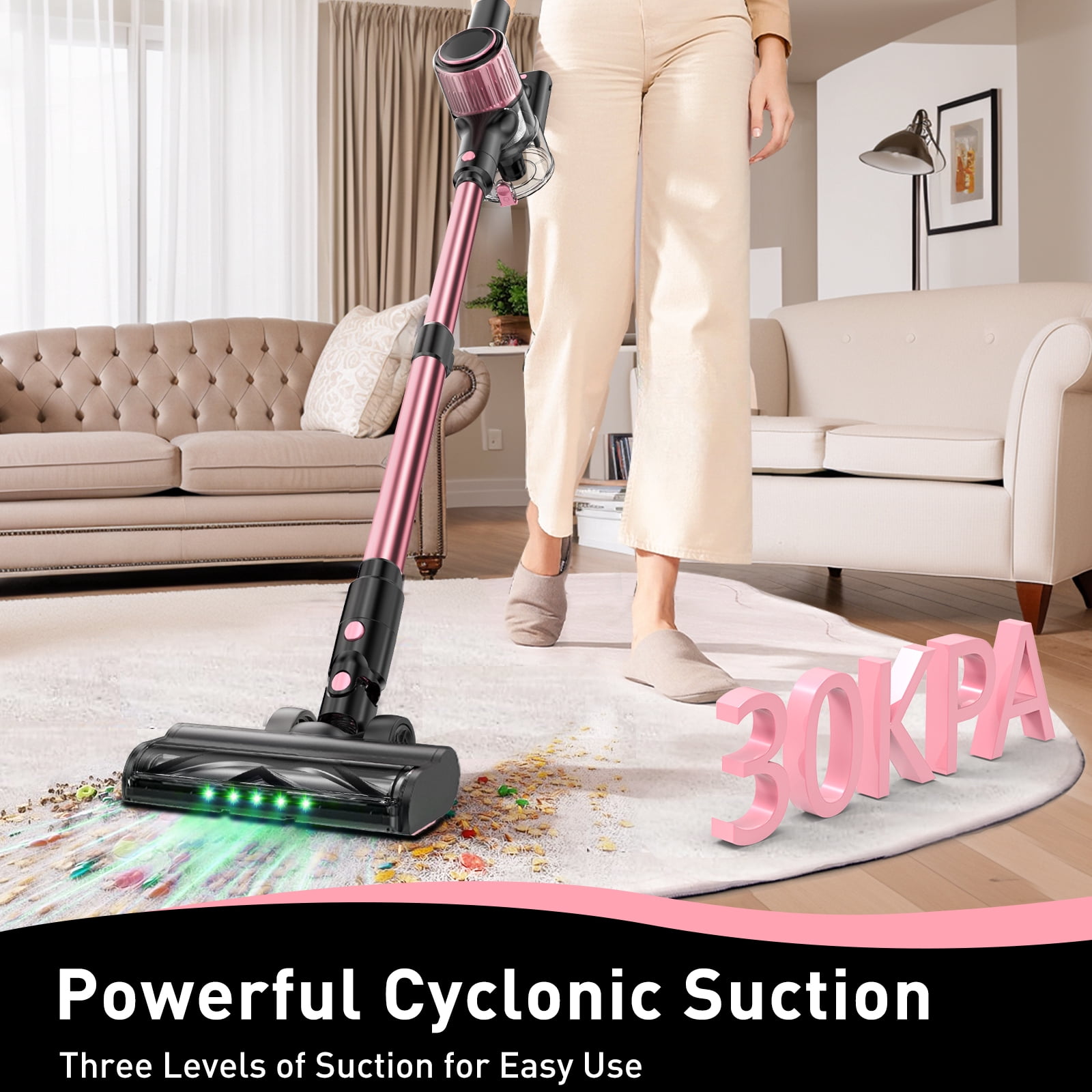 A27 Cordless Vacuum Cleaner, Stick Vacuum with Powerful Suction, Hose, Green LED Light, Anti-Tangle Brush, Lightweight Rechargeable Vacuum Cleaner for Home, Hardwood Floors, Carpets,Pink