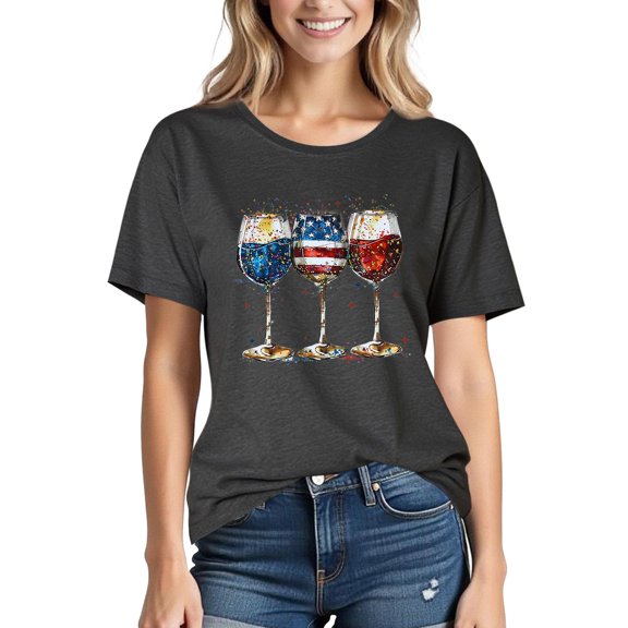 Xdegoge 4th of July Wine Glass Patriotic T Shirt for Women Red White and Blue Graphic Tee Short Sleeve Crewneck Casual Loose Independence Day Party Shirts Tops