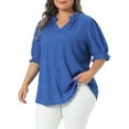 thumbnail image 4 of Agnes Orinda Women's Plus Size Textured Top Ruffled Trim Notch V Neck Puff Sleeves Summer Blouse 3X Royal Blue, 4 of 6