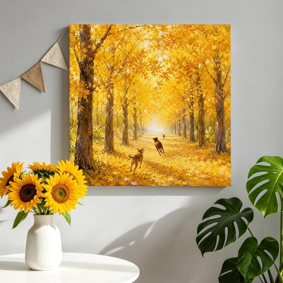 Fall Season Canvas Wall Art, Yellow Nature Landscape Maple Trees Forest Dogs Pictures Wall Decor Wooden Framed Artwork Art Prints for Living Room Hallway Bedroom Office 8"x8"