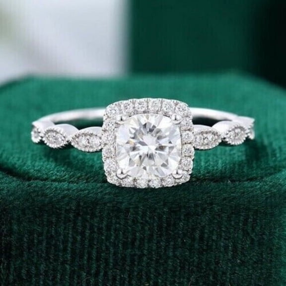 Silvago Jewel 14K White Gold Plated Rings Gifts - Cushion Cut 1.8 Ct Diamond Rings - Cushion Halo Jewelry Anniversary Rings Women's - Milgrain Bridal Diamond Silver Jewelry - Party Wear Diamond Rings