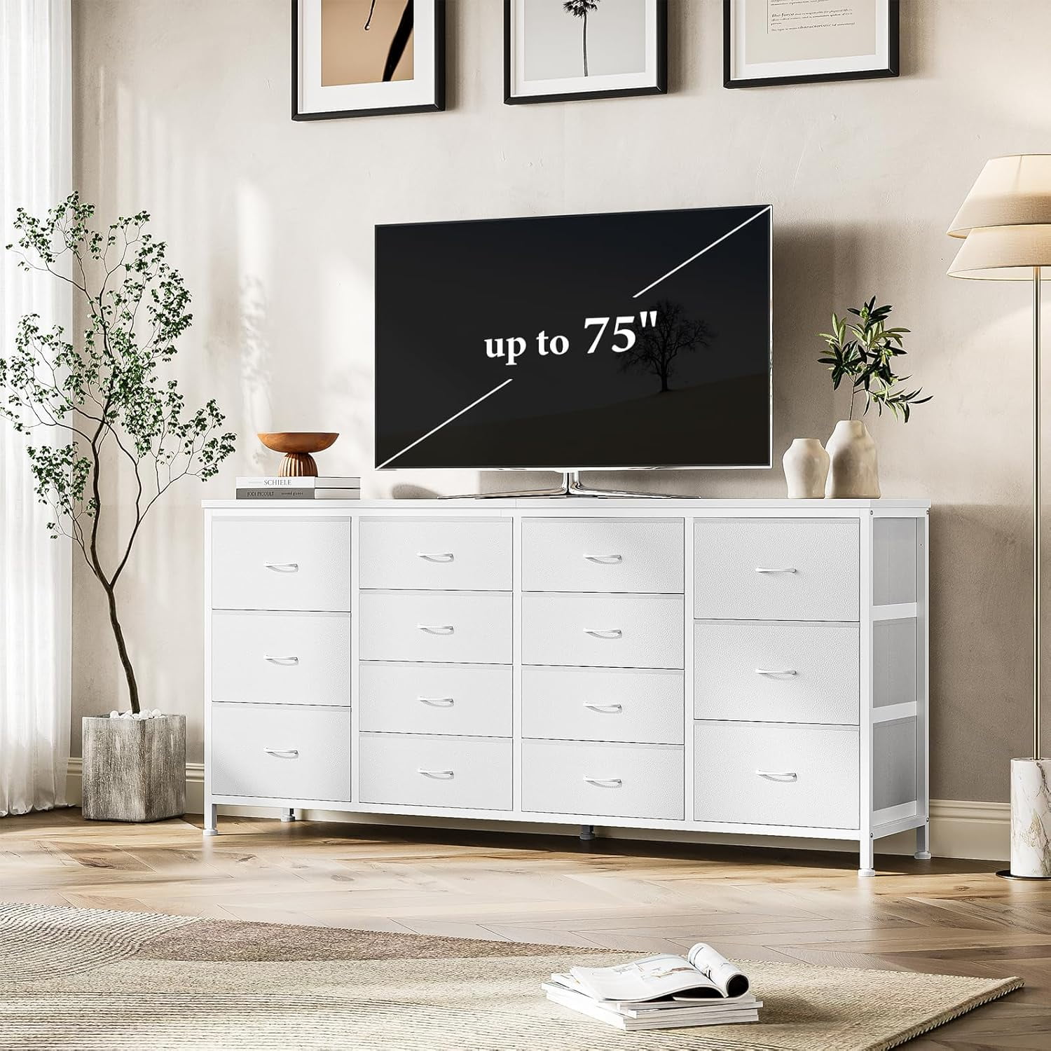 M optimized 63" Dresser for Bedroom, TV Stand for 65 70 75 inch TVs, 14 Drawer Dresser with Power Outlets, Large Long Fabric Dresser Entertainment Center