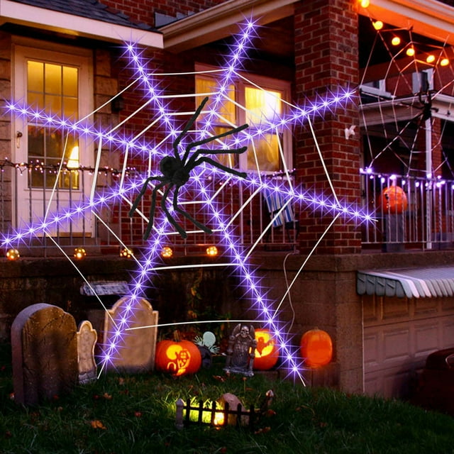 Xihbxyly Luces Led de Telaraña para Halloween, 8 Modos de Iluminación, Impermeables, Decoración para Exteriores, Fiestas de Terror y Casas Embrujadas, 3,6 M con Juguete de Araña de 75 Cm.