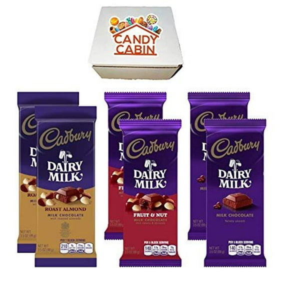 Cadbury Chocolate Candy Bar Variety Box 6-Count Full Size Bars By CANDY CABIN ROAST ALMOND-FRUIT & NUT-MILK