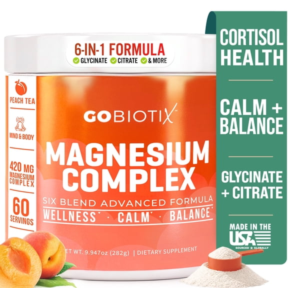 GoBiotix Magnesium Complex Powder with Magnesium Glycinate & Citrate, Peach Tea Flavor, 60 Servings