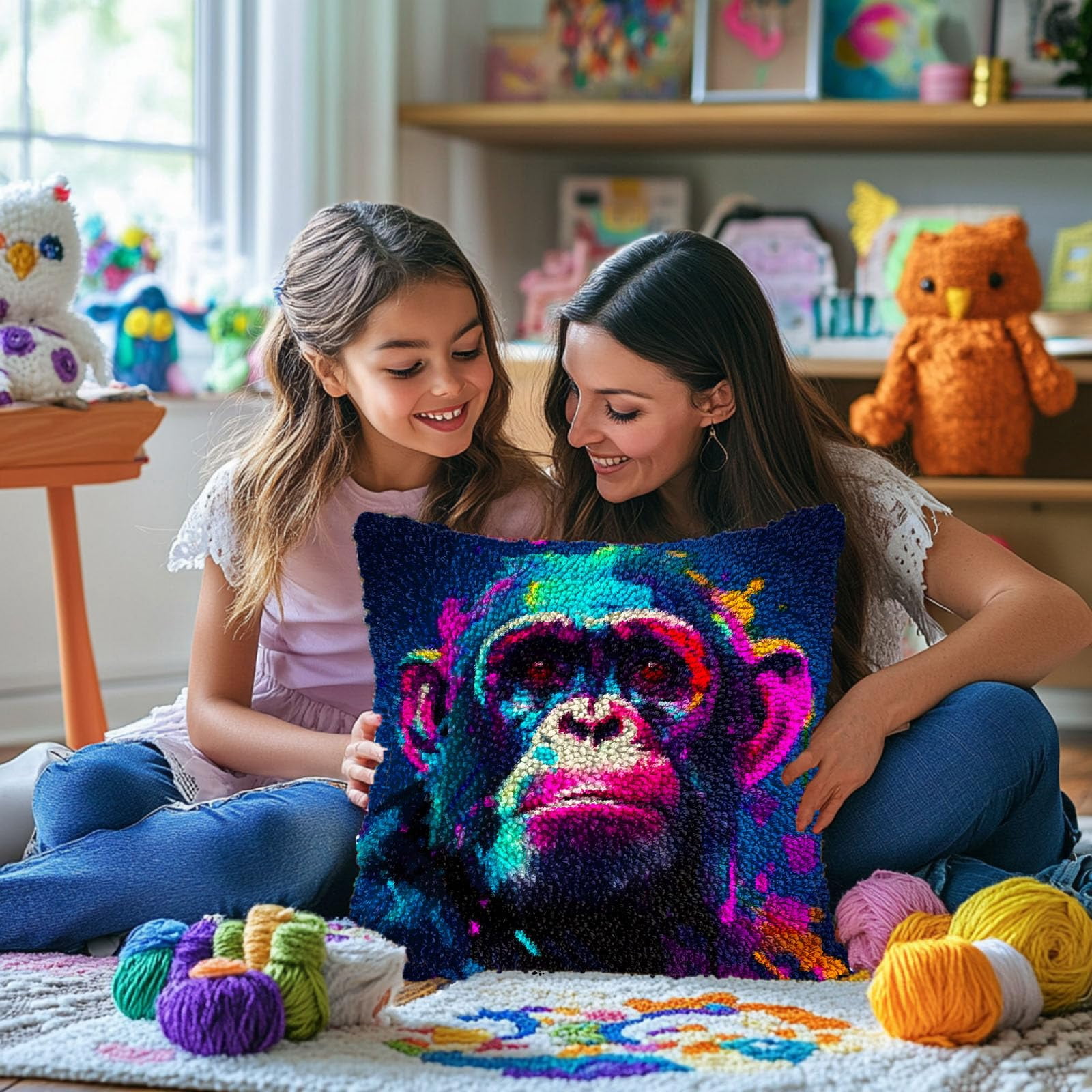 Colorful Cute Monkey DIY Latch Hook Pillow Kits for Adults Printed Pillowcase Crochet Yarns Hooking Handmade Pillow Cover Cushion for Home Sofa Decoration 17x17inch