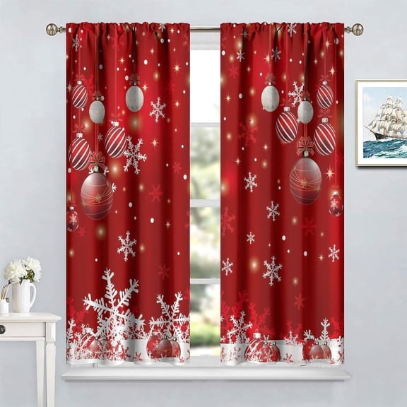 2Pcs Merry Christmas Curtains, Merry Xmas Glitter Snowflake Window Treatments for Living Room Bedroom Kitchen Holiday Party Decor, Red New Year Drapes
