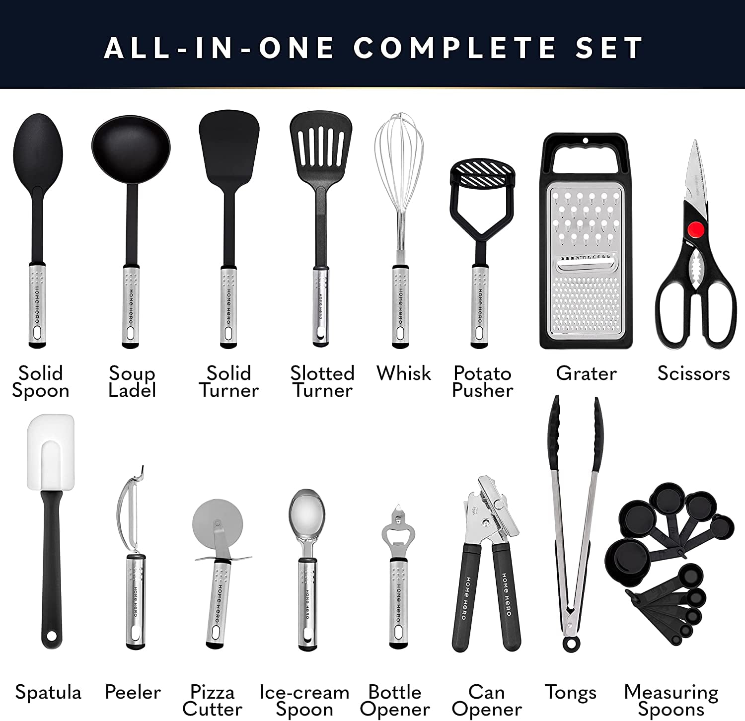 Buy Home Hero Kitchen Utensils Set - Cooking Utensils Set with Spatula -  First Home Essentials Utensil Sets - Household Essentials - Kitchen Gadgets  & Kitchen Tool Gift (44 Pcs Set - Black) Online at desertcartEcuador