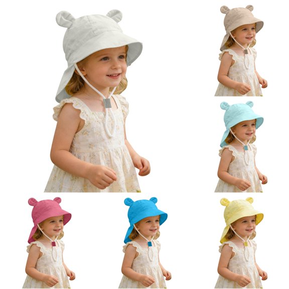 Oiyii Infant Girls Adjustable Bucket Hats Bear‑Ear Trim Camping Sun Hats, White