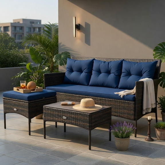 Hommoo 3-Piece Outdoor Patio Sectional Set with 5 Premium Cushions, All-Weather Rattan Sofa, Ottoman & Tempered Glass Coffee Table for Backyard, Poolside & Garden, Navy