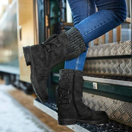

Boots For Women Women Fashion Casual Vintage Retro Mid-Calf Boots Lace Up Thick Heels Shoes Black 8