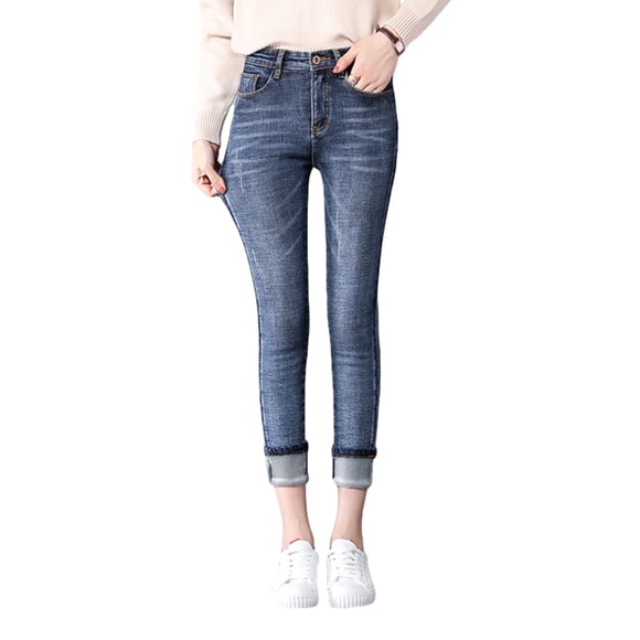Women High Waist Jeans Fleece Lined Trousers Winter Warm Slim Stretch Pants
