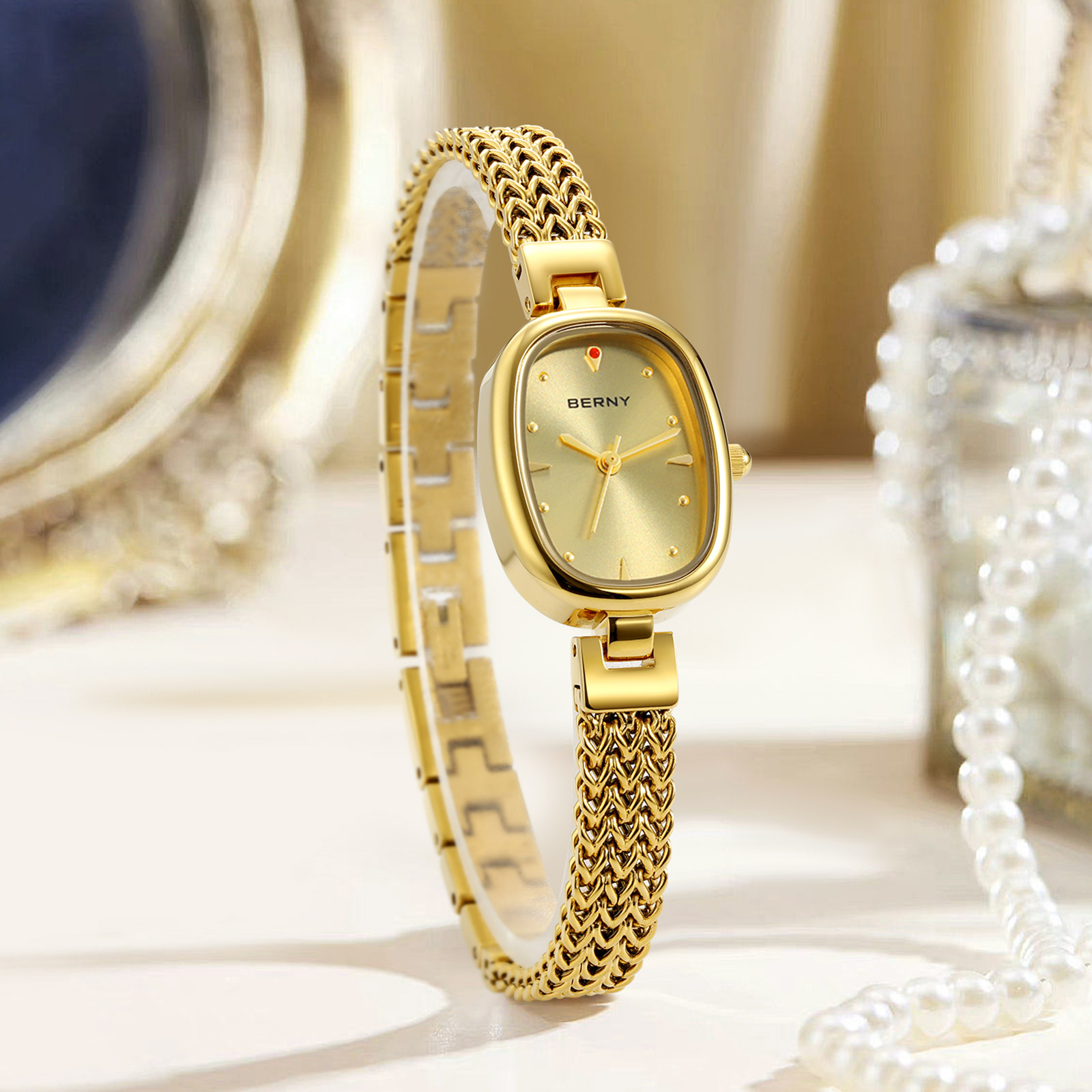 BERNY Small Gold Watches for Women, Dainty Oval Analog Quartz Bracelet Watch, Stainless Steel, Waterproof, Minimalist Luxury Ladies Watches Gifts (Gold)