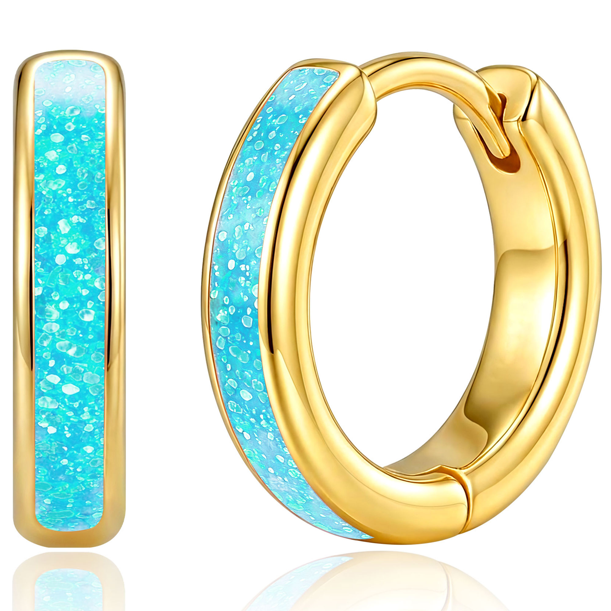 APSVO 18K Gold Plated Hoop Earrings for Women Girls Blue Opal Small Huggie Cartilage Hypoallergenic Earrings Birthday Graduation Jewelry Gifts Her Teen Mom Girlfriend Adults Her Kids Age Ideas