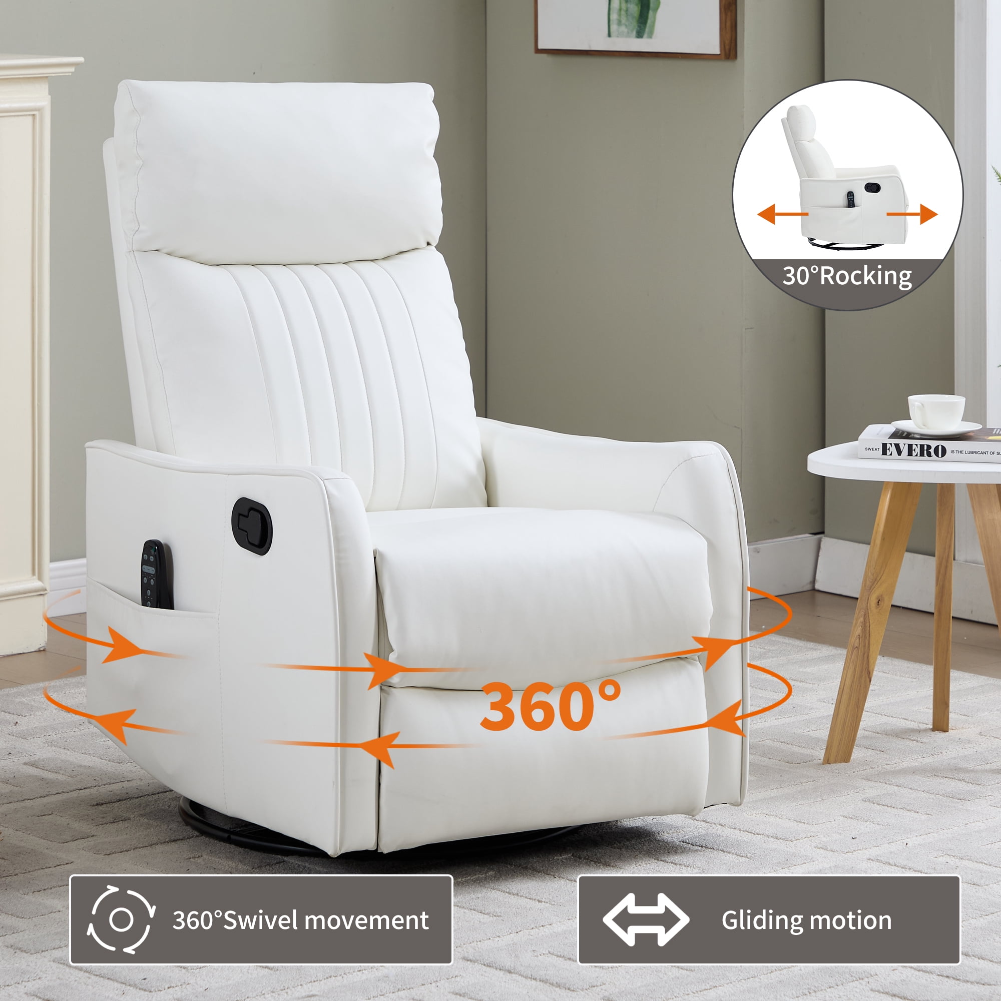 Gewnee Manual Recliner with 360°Swivel Rocker,8-Point Massage Recliner Chair with Heating,Comfy Single Sofa with Side Pockets for Living Room,Bedroom.White PU