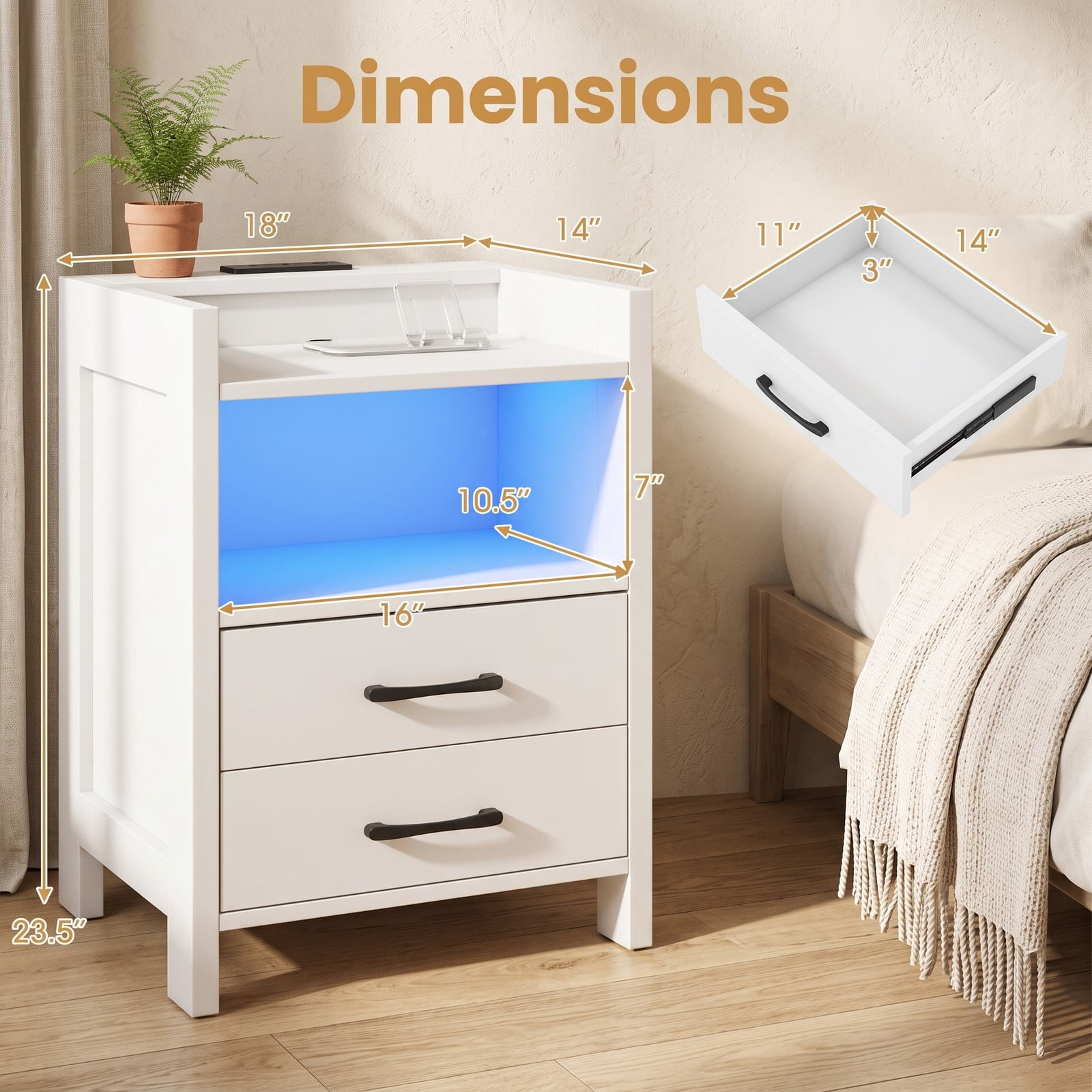 Furnibear 23.5 Inch Nightstand with Charging Station, USB & Type-C Ports, RGB LED Light, 2 Drawers and Open Storage Shelf, Modern Bedside Table for Bedroom, White