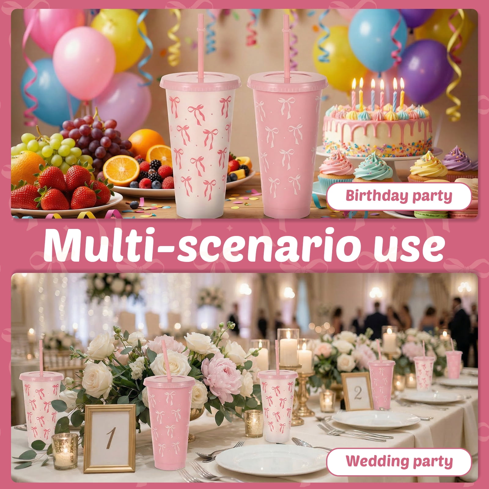 24 Pcs 24oz Bow Plastic Cup with Lid Straw and Ribbon Reusable Tumbler for Birthday Wedding Baby Shower Bridal Party Pink