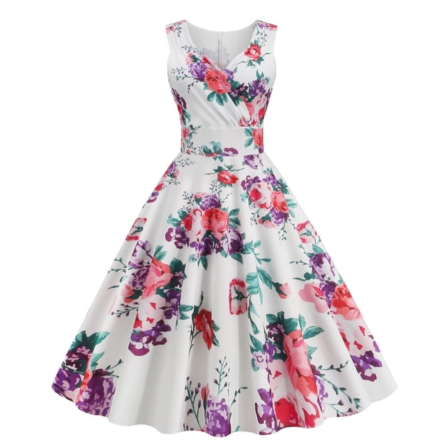 WILLBEST Vestidos Casuales para Mujer Fiesta Vintage de Las Mujeres con Cuello En V Sexy Estampado Floral Vestido sin Mangas Cena Vestido Formal Mediana