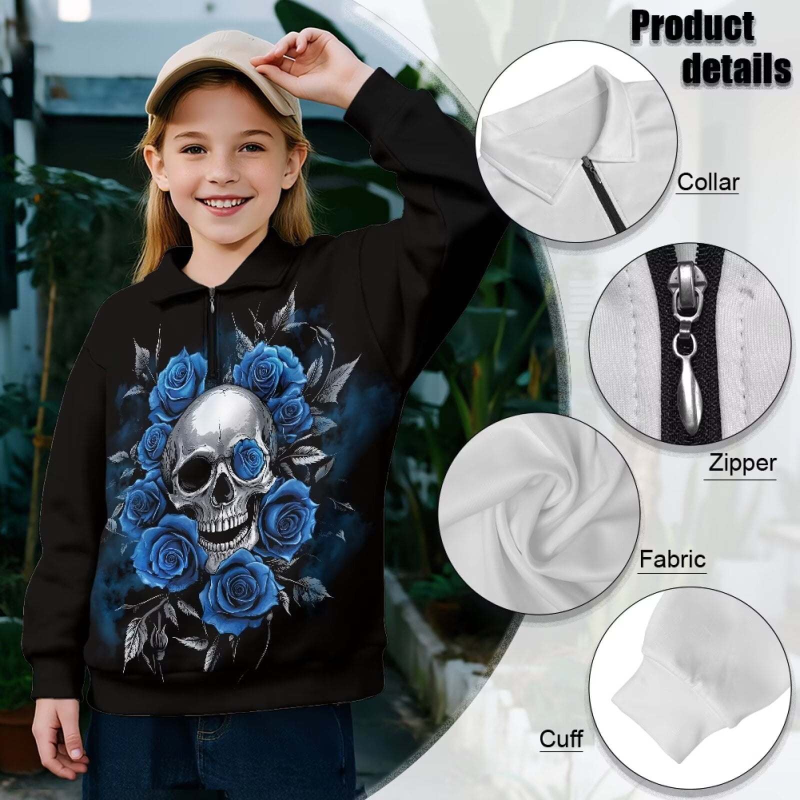 Uorisanigo Girls Half Zip Sweatshirt Fashion Blue Rose Skull Long Sleeve Pullover Top Fall Spring Outfits Clothes Oversized Quarter Zipper Cropped Sweatshirt for Sports and Daily Wear