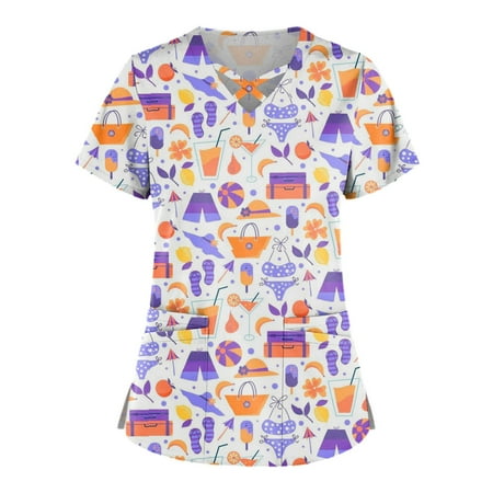 

QWANG Plus Size Cute Printed Scrub Working Uniform Tops For Women Cross V-Neck Short Sleeve Fun T-Shirts Workwear Tee with Double Pockets