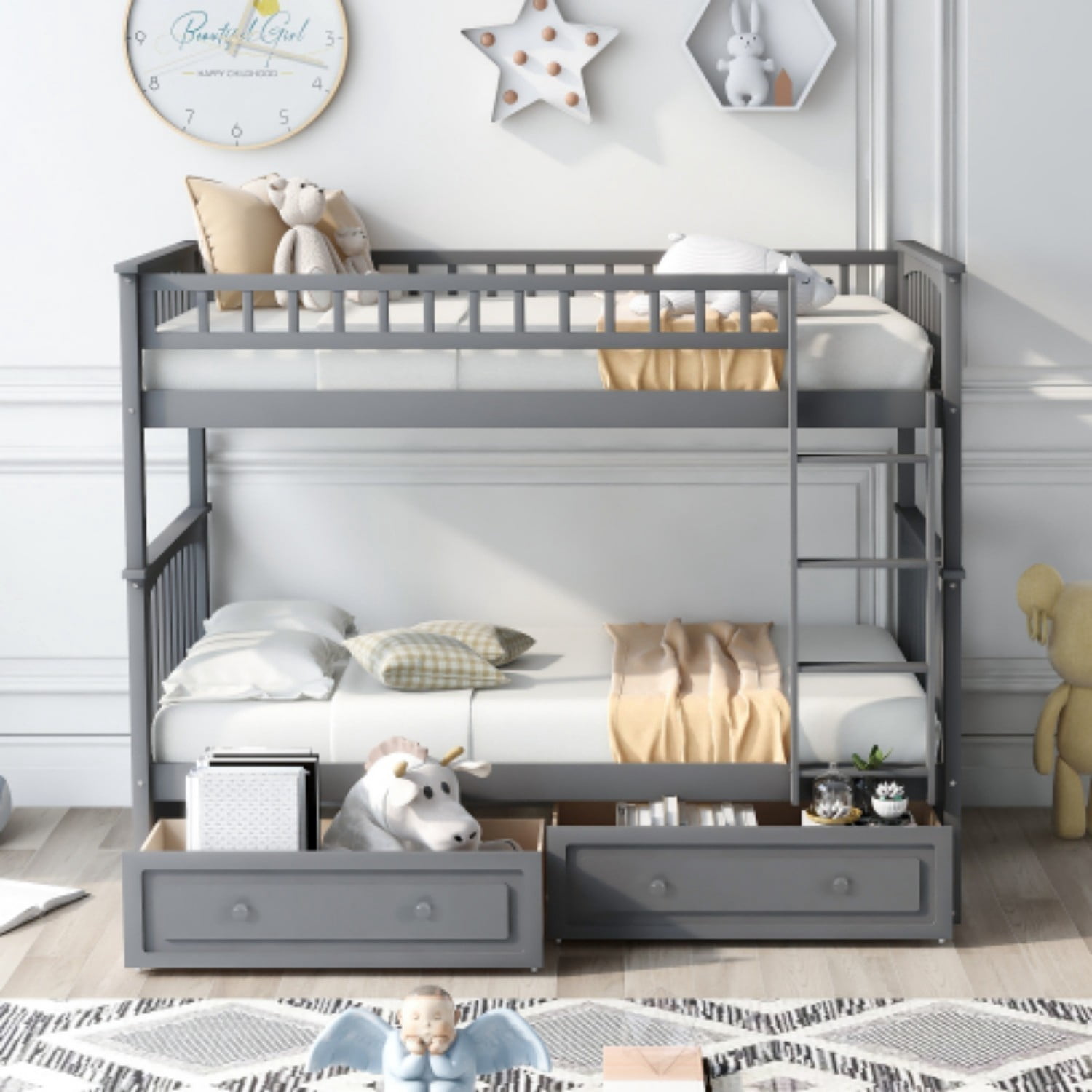 Twin Over Twin Bunk Bed with Storage Drawers, Convertible Wood Bunk Bed with Safety Guardrails, Solid Pine Wood Kids Bed Frame for Bedroom, Gray