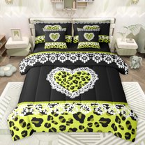 jejeloiu Yellow Animals Print 7 Pieces Bedding Comforter Set,Chic Leopard Print Full Bedding Set,Cheetah Pattern Heart Fitted Sheet Flat Sheet For Men Women,Breathable Home Decor Reversible