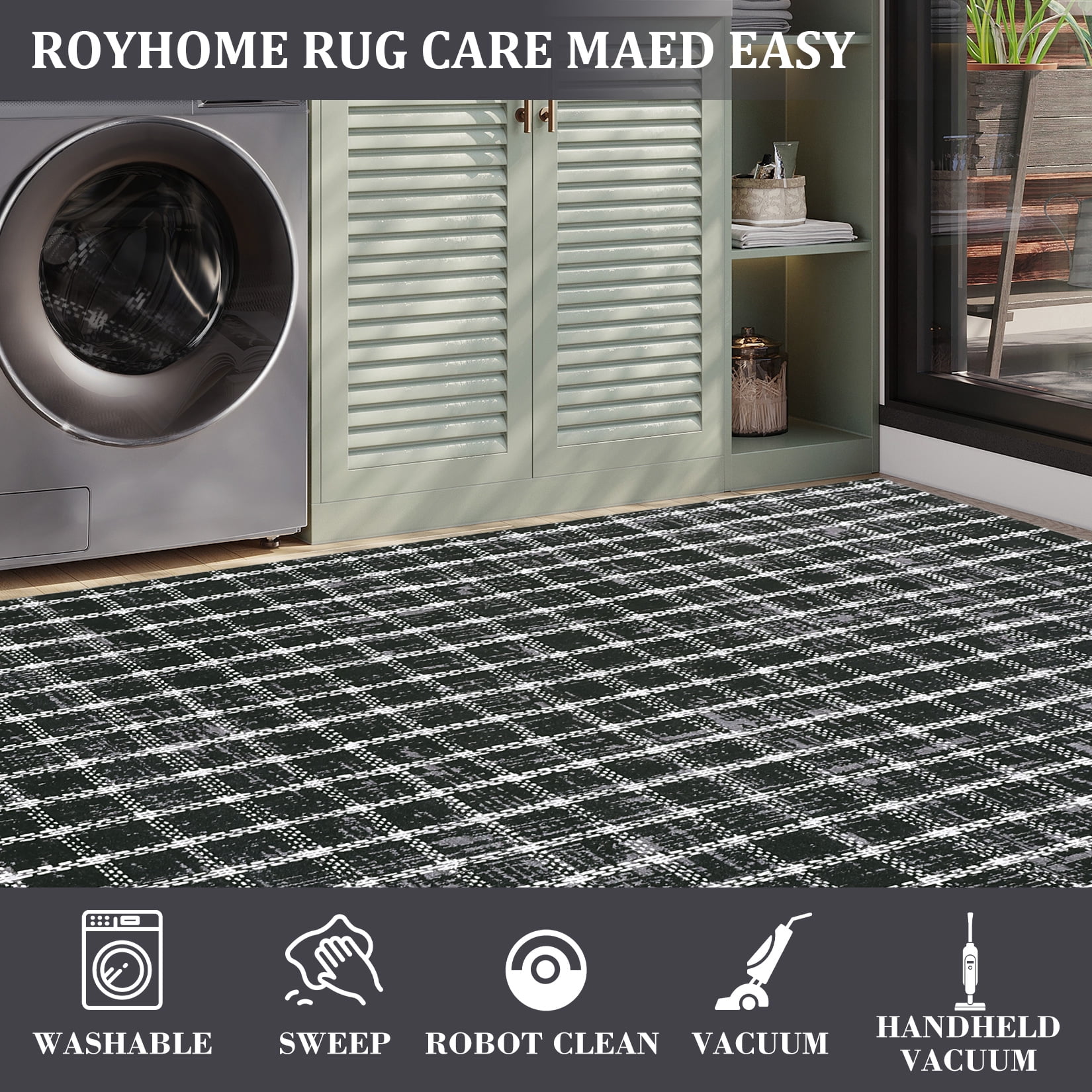 HOMERRY Area Rug 3' x 5' Rugs for Living Room Modern Washable Indoor Plaid Print Carpet, Black
