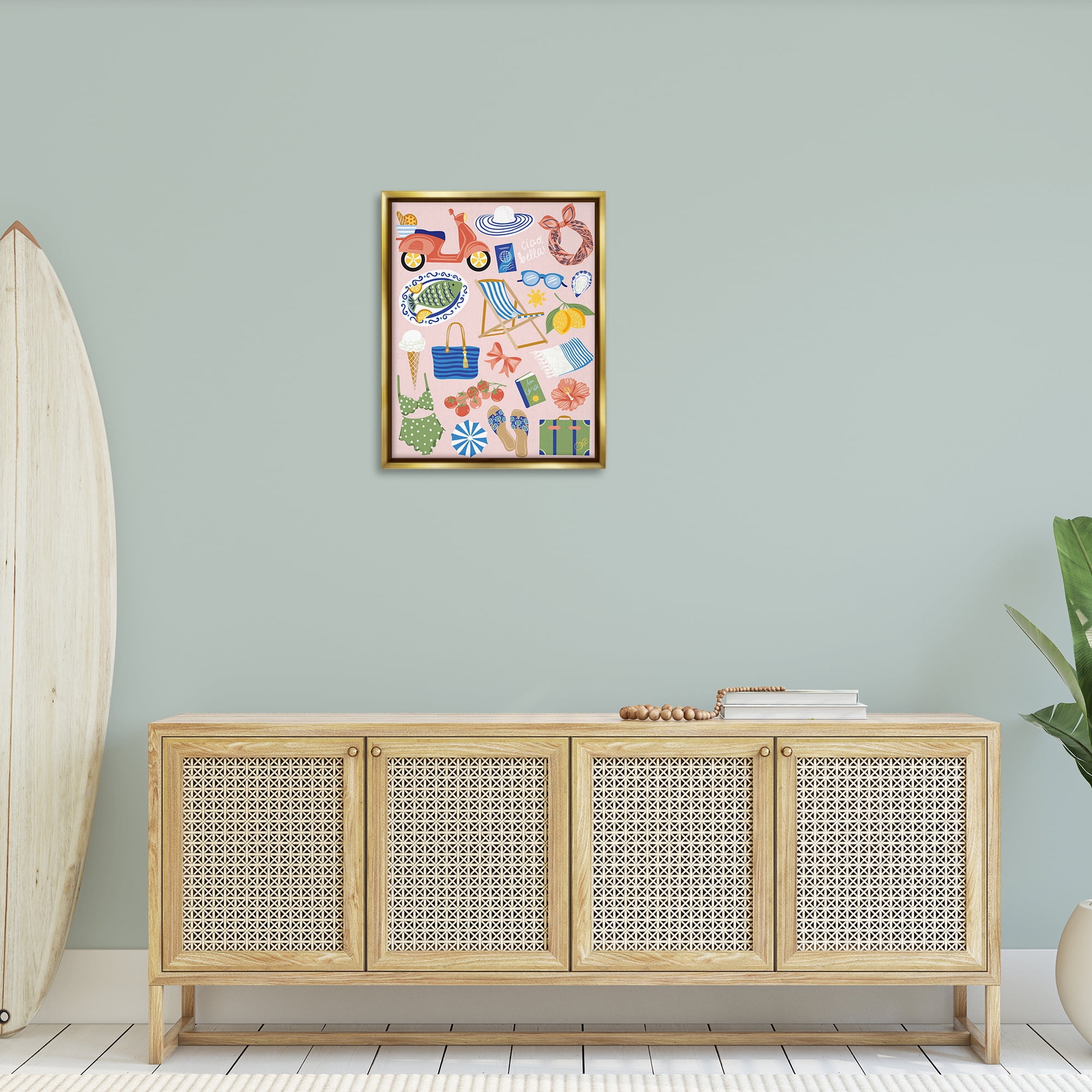 Stupell Industries Mediterranean Coast Necessities Nautical & Beach Painting Gold Floater Framed Canvas Art Print Wall Art, 25 x 31