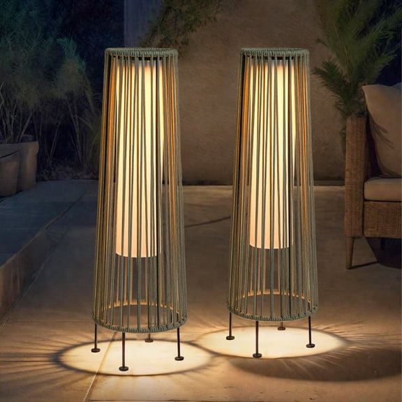TRIROCKS Outdoor Floor Lamp 2 Piece Solar Powered Lantern Wicker Solar Patio Lamp with Olifen Rope Waterproof Rattan Outside Solar Deck Light for Patio Garden Lawn Yard (Grey)