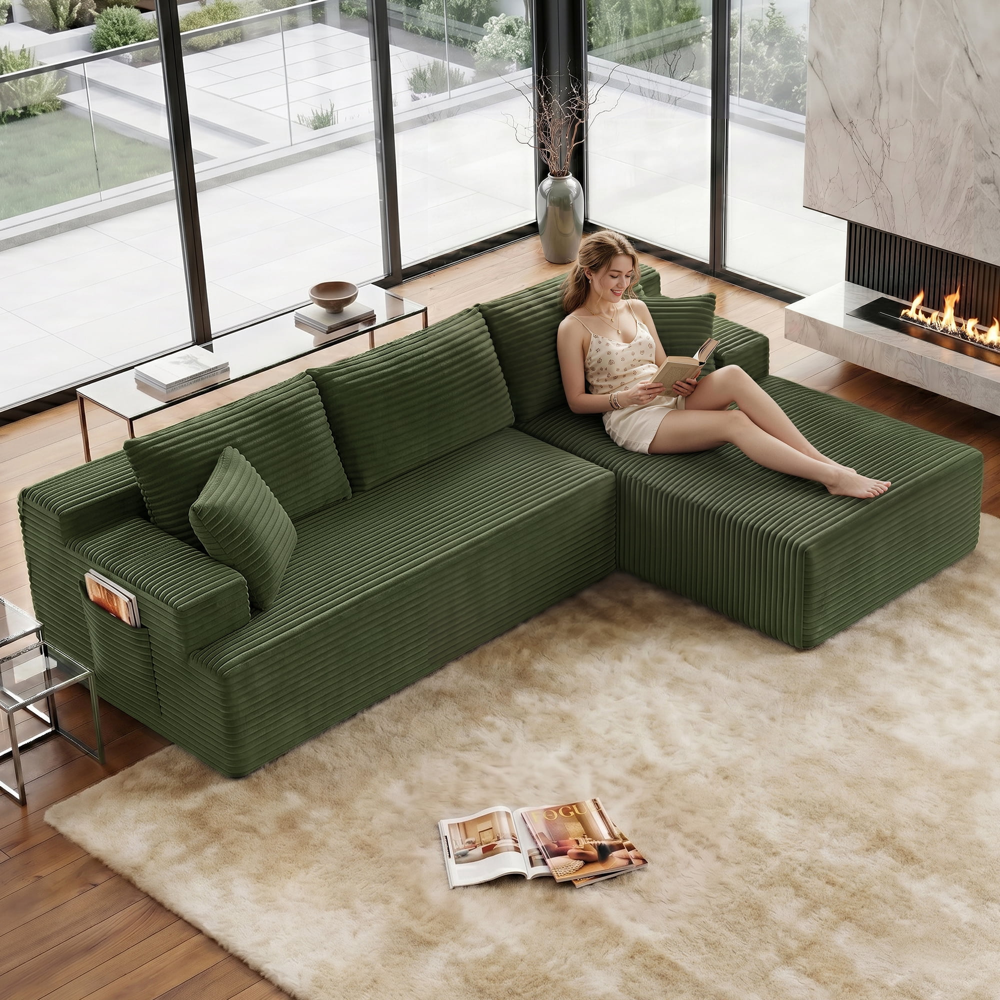 Aukfa 107" Cloud Modular Sectional Couch with Right-Facing Chaise, Corduroy Deep Seat Boneless Sofa for Living Room, Apartment, Green