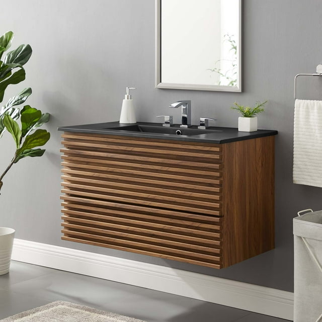 Modway Render Meuble-Lavabo de Salle de Bain Mural de 36 Pouces en Noyer Noir