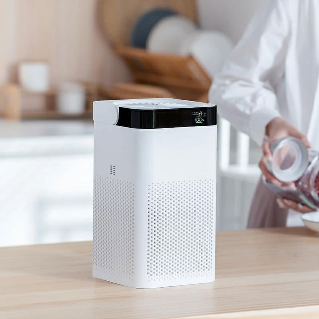 purificador de aire con prefiltro, filtro de carbón activo y filtro de partículas finas, modo silencioso, indicador de cambio de filtro y temporizador