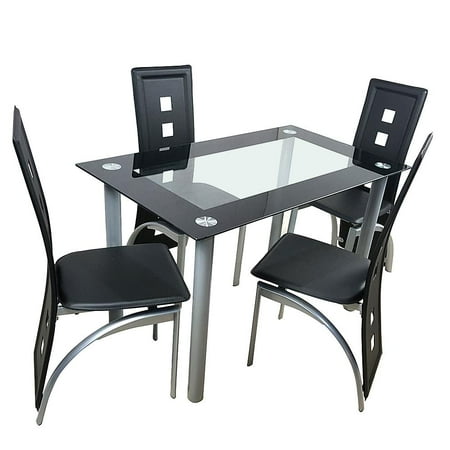 UBesGoo 5 Piece Glass Black Dining Table Set 4 Chairs Room Kitchen Breakfast Furniture