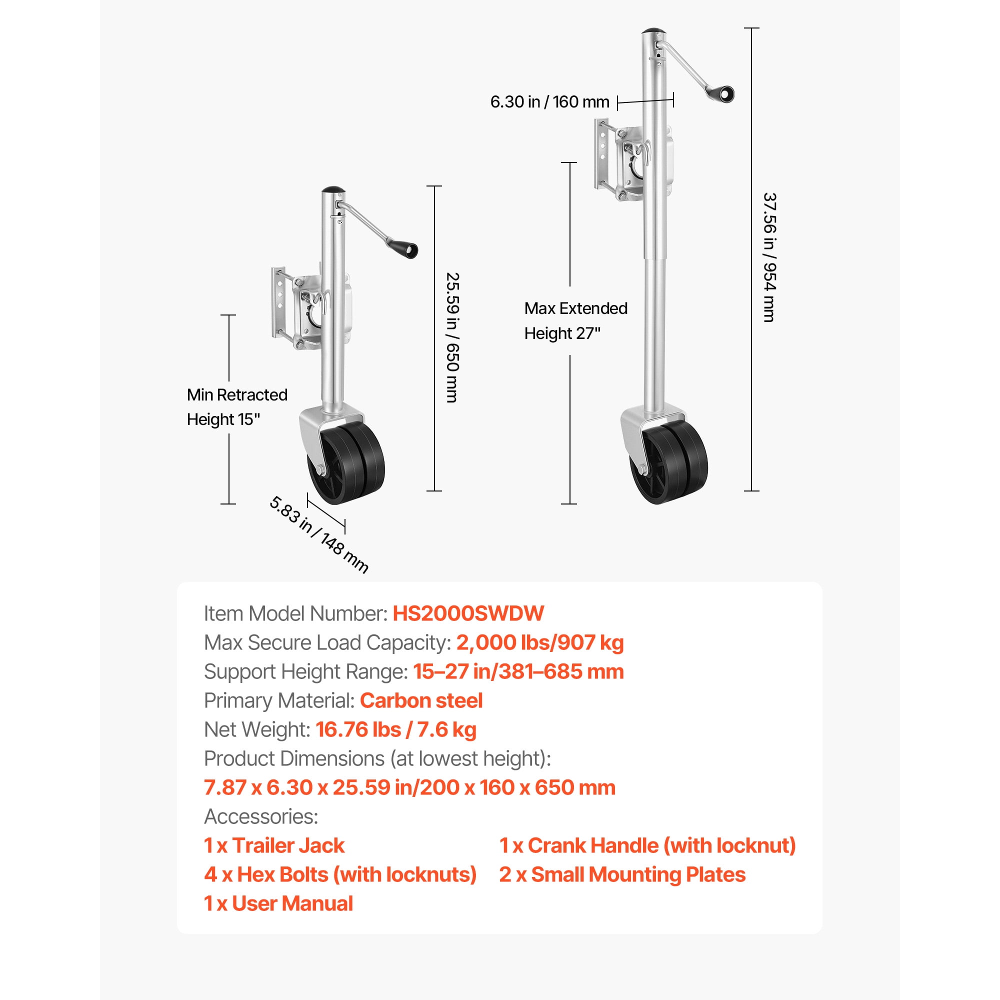 KFFKFF Trailer Jack with Wheel, 2000 lbs Capacity, Durable Swivel Design with Dual PP Wheels & Comfortable Handle, 15-27 Inch Adjustable Lift, Suitable for RVs, Boats, and Utility Trailers