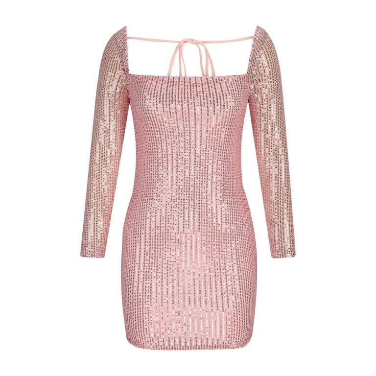 Square Neck Sequins Formal Dresses for Women Long Sleeve Slim Fit Bodycon  Sparkly Mini Dress Cocktail Party Dress Pink,M - Walmart.com