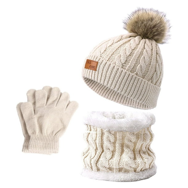 Conjuntos calidos de invierno para mujer gorro de punto con pompones bufanda con lazo circular guantes accesorios para del invierno beige Yinane