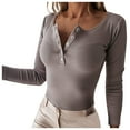 thumbnail image 2 of Odbmxy Gray T-Shirt Women Long Sleeve Ladies Fall Tops Slim Solid Color Knit Casual Button Tops, 2 of 7