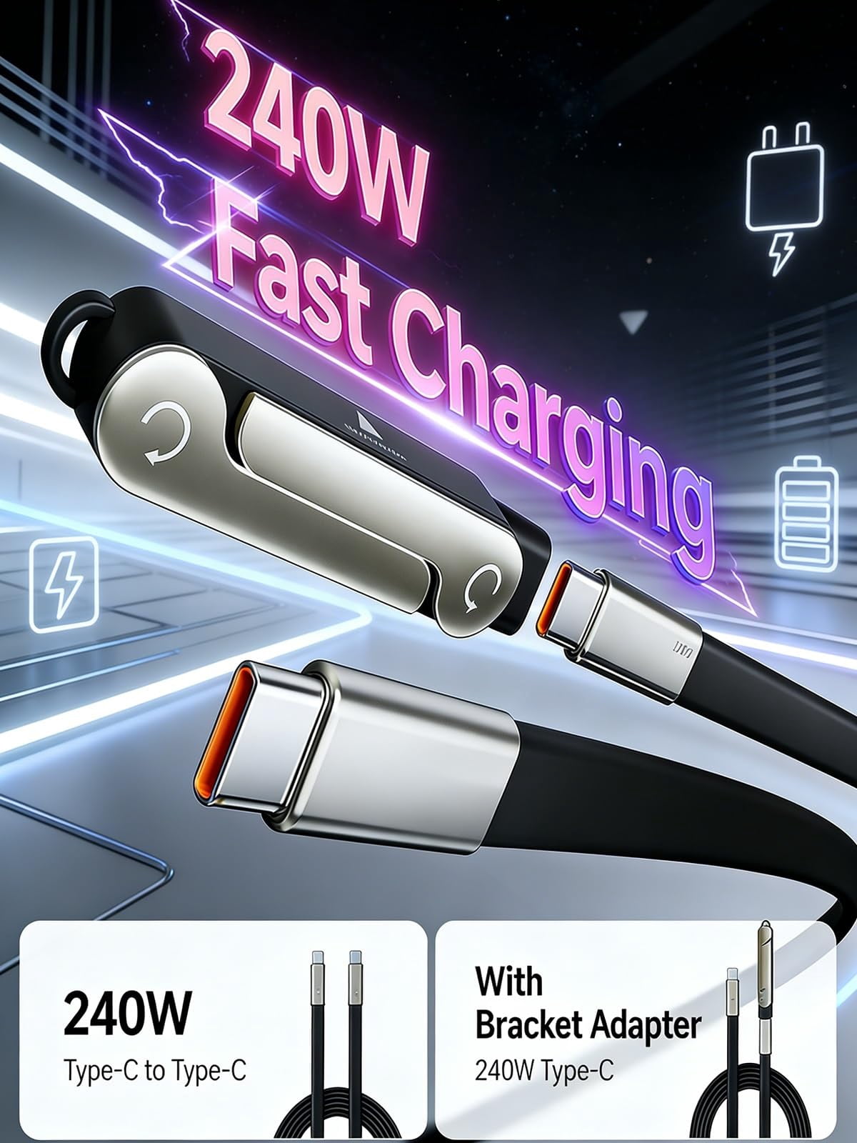 Detachable 240w Super Fast Charging 2-in-1 Charging Cable with Phone Charger Invisible Stand Flat Phone Charger Type-C 90 Degree 240w Stand Data Cable Right Angle Sideways
