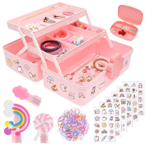 Hair Accessories Organizer for Girls Headbands Clips Ties Girl Supplies, Lockable Three-layer Folding Craft Organizers and Storage Plastic Jewelry Box,11.4 * 6.3* 6.3in (Pink)