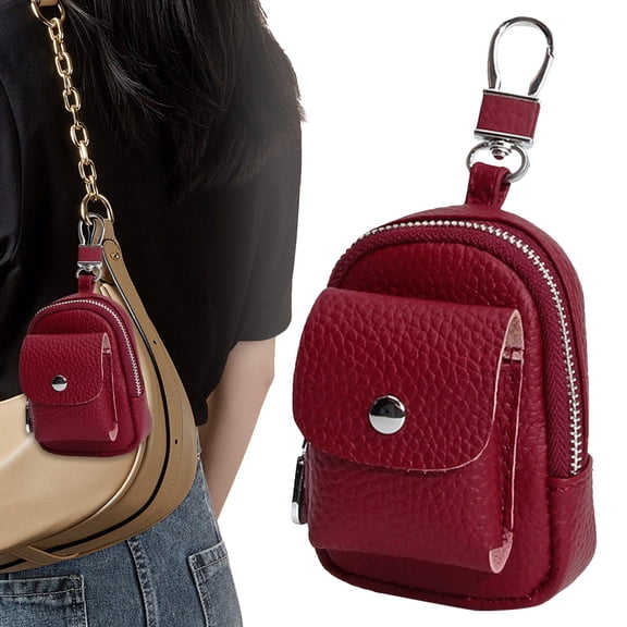 Leather Backpack Keychain Cute Travel Purse Makeup Bag For Women Compact Organizer With Carabiner Clip