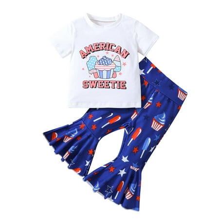 

Frobukio Independence Day Kids Girls Clothes Sets Letter Print T-Shirts Stars Stripe Flare Pants 2Pcs Outfits Blue 2 3-4 Years