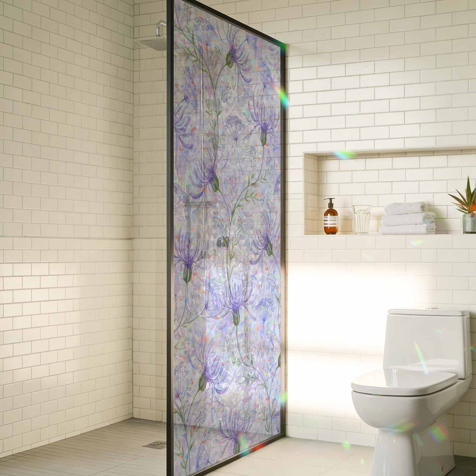 Purple Flowers Window Privacy Film Stain Glass,Reusable Decorative Rainbow Window Film,Botanical Florals Plants Country Aesthetic Static Cling Sun Blocking Stickers Decals Covers 23.6" x 59" (2pcs)