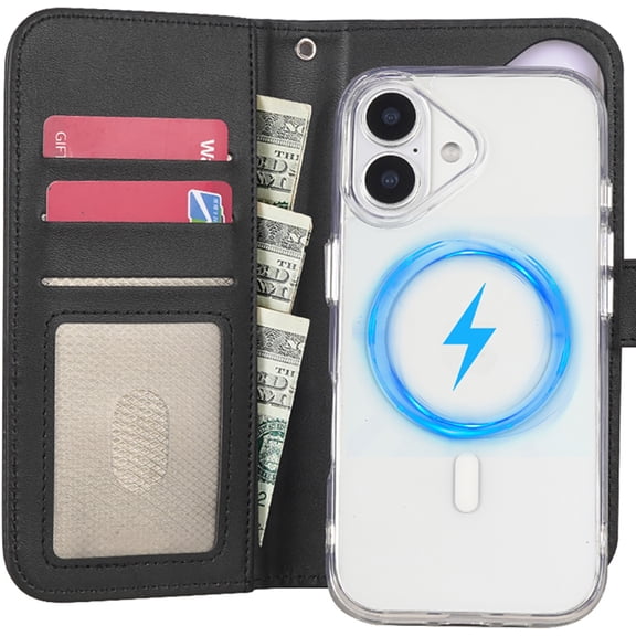 Nakedcellphone Case and Wallet Combo for iPhone 17, Clear Cover (Compatible with MagSafe) and Magnetic Folio RFID Credit Card Holder - Black Leather